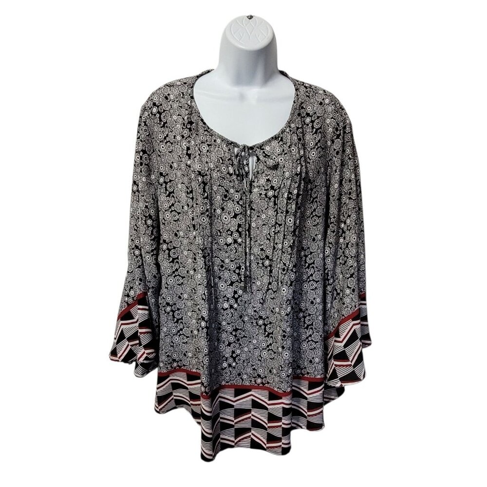 Cato Fashions Blouse 18/20 Black Print Lightweight Long Bell Sleeve‎ Tie Neck